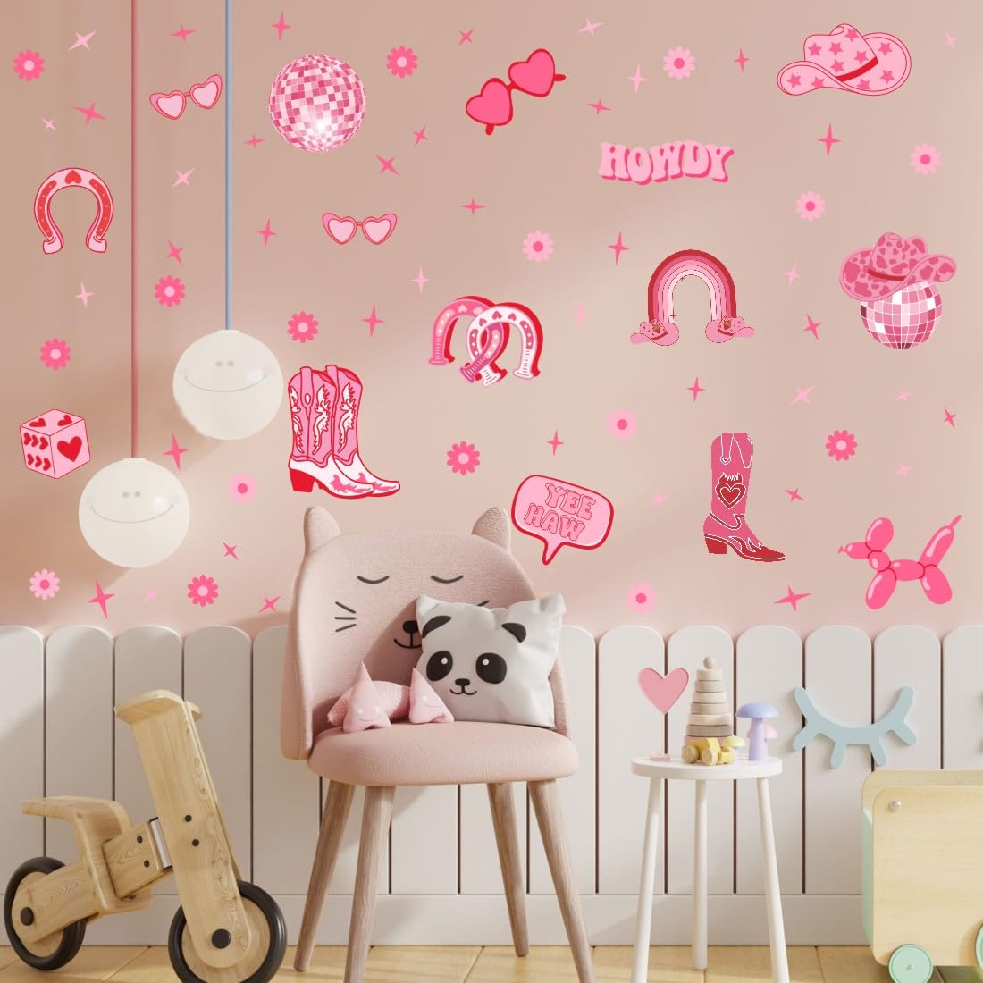 YIMEHDAN Pink Cowgirl Wall Decal, Boots Horseshoe Iron Hat Disco Ball Vinyl Wall Stickers, Removable Preppy Western Girls Artwork for Teen Bedroom Dormitory Decor