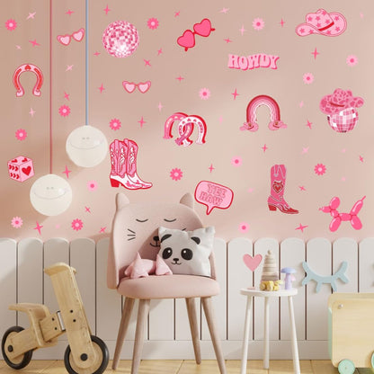 YIMEHDAN Pink Cowgirl Wall Decal, Boots Horseshoe Iron Hat Disco Ball Vinyl Wall Stickers, Removable Preppy Western Girls Artwork for Teen Bedroom Dormitory Decor