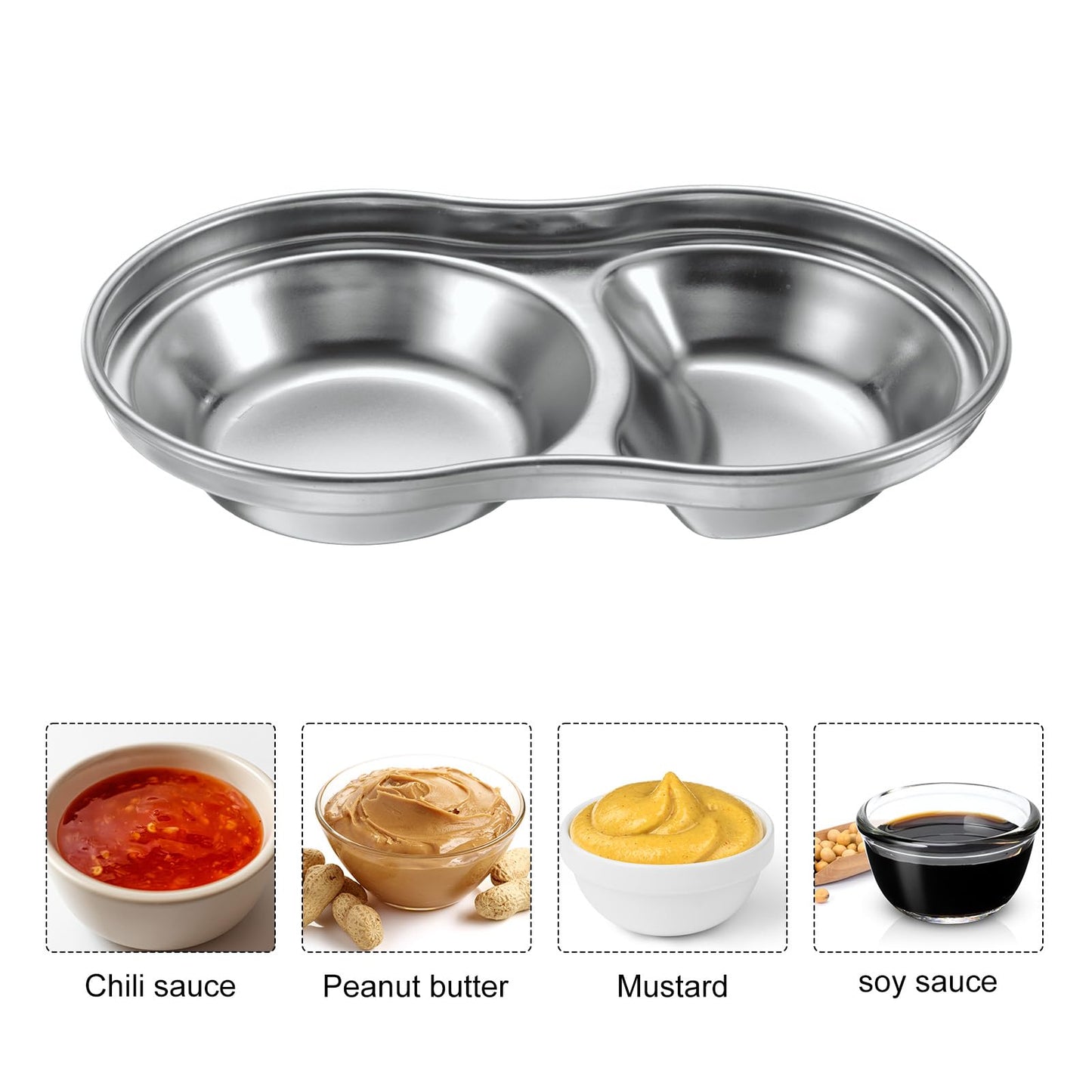 uxcell 6 Pack Stainless Steel Dish Dipping Bowls with 2 Round Compartment Divided, Metal Seasoning Plate Dipping Bowl for Condiment Home Party Restaurant Picnic Travel, Silver