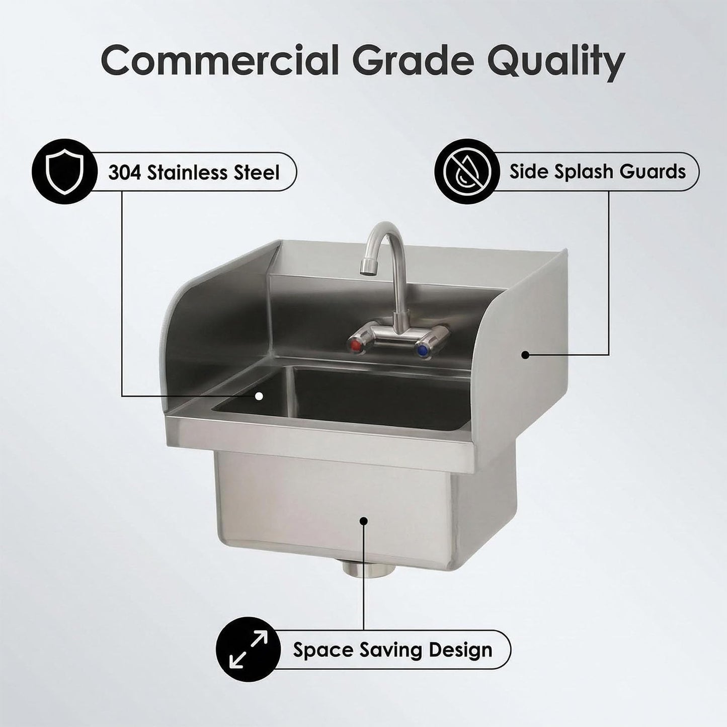 GarveeTech Commercial Stainless Steel Hand Wash Sink with Side Splash Guards, Small Wall Mount or Drop-In Handwashing Basin, 360° Swivel Faucet & Drain Kit for Restaurant Kitchen Bar Garage