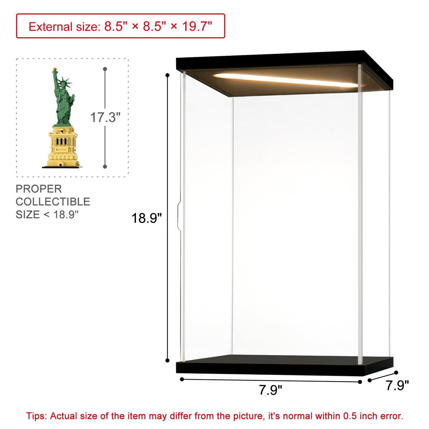 Instnovny Acrylic Display Case for Collectibles Clear Dustproof Acrylic Boxes for Display Trophy Figure Toys Lighted Lego 21042 Display Case Storage Box(Black-Solid Yellow; 7.9*7.9*18.9 inch)