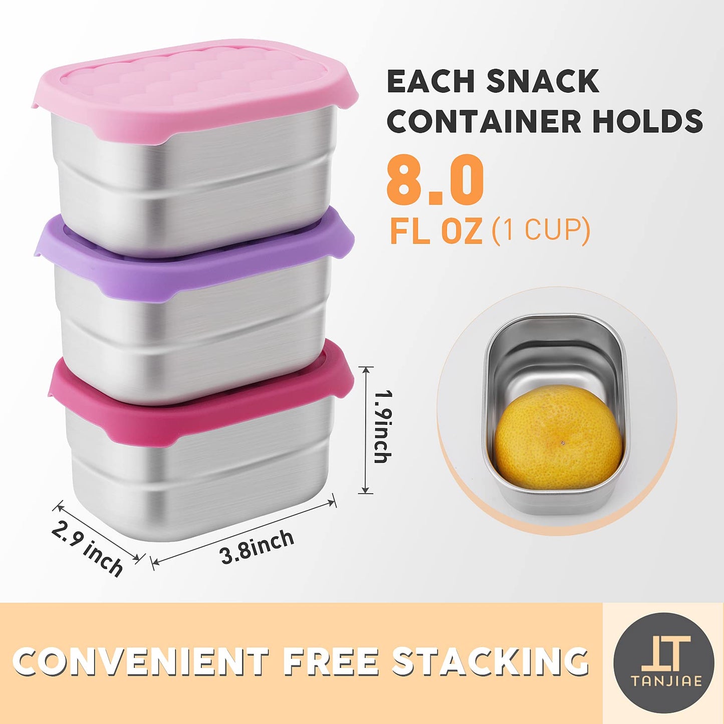 Tanjiae Small (1 CUP) Stainless Steel Snack Containers for Kids | Easy Open Leak Proof Food Containers with Silicone Lids - Perfect Metal Toddler Lunch Box for Daycare and School (8oz)