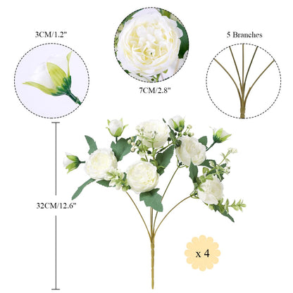 Floweroyal 4 Bunches Peony Artificial Flowers White Flowers Silk Peonies Bouquets for Wedding Party Table Centerpieces Floral Arrangement Home Kitchen Decor