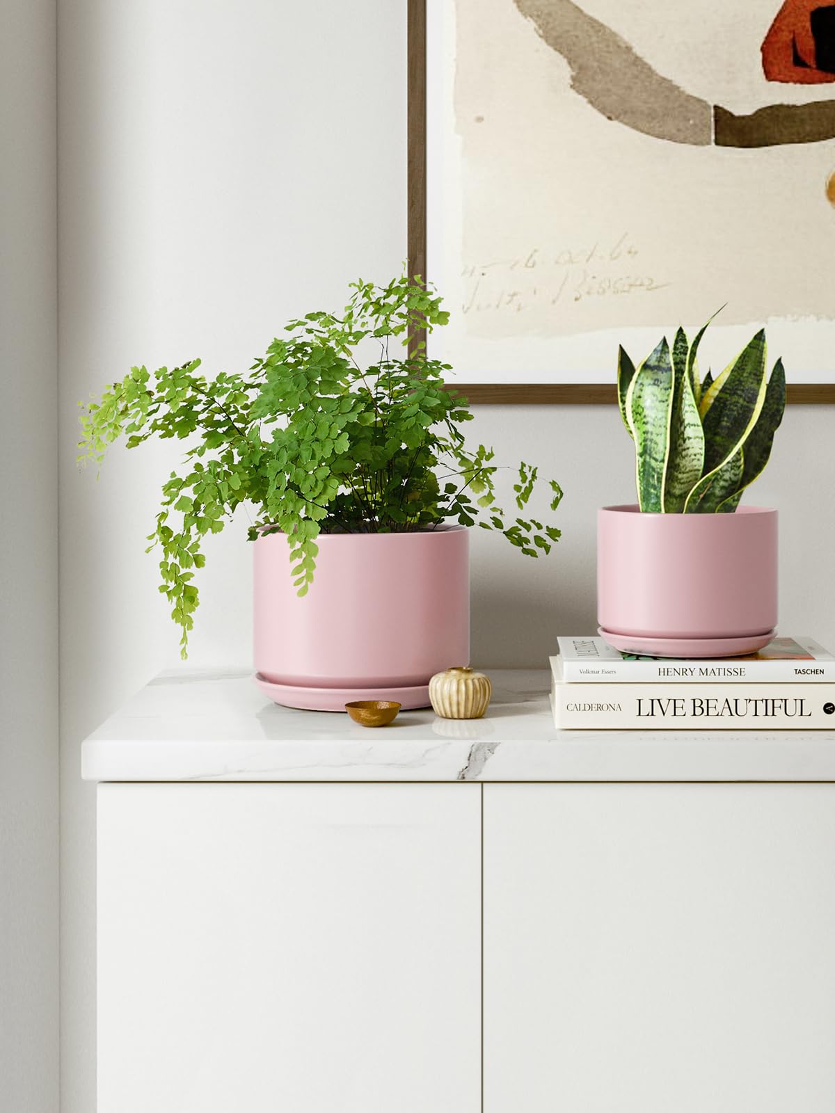 LE TAUCI Ceramic Plant Pots, 4.3+5.3+6.8 inch, Set of 3, Planters with Drainage Hole and Saucer, Indoor Flower Pot with Hole Mesh Pad, Gifts for Mom, Pink