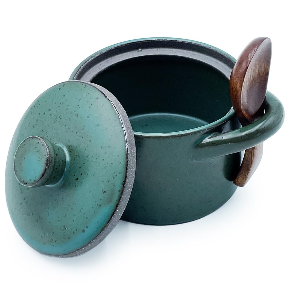 EWEIGEER Ceramic Salt Cellar With Lid & Spoon,8oz Salt Container For Countertop,Sugar Bowl,Spice Jar(Green)