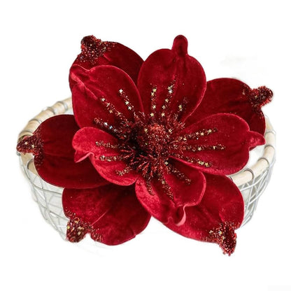 Christmas Tree Magnolia Picks with Artificial Magnolia Flowers, Fabric Ornaments to Create Festive Holiday Decor (Red)