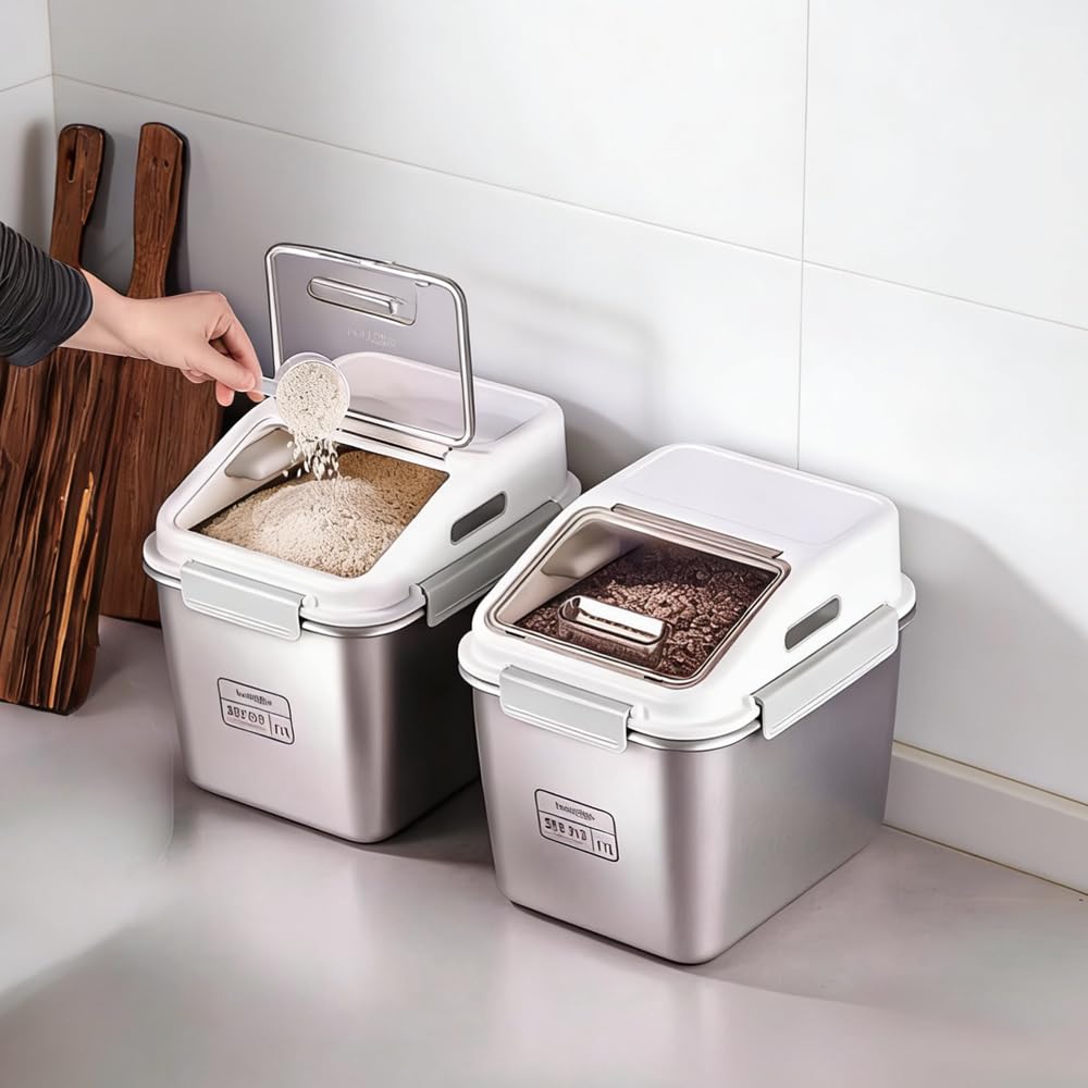 Premium 316 Stainless Steel Airtight Rice Storage Container, Modern Kitchen Organizer,grain bin, 27lb/11L Locking Lid Bin with Silicone Seal -Rice, Flour, Beans & Pet Food Dispenser (Matte Silver)