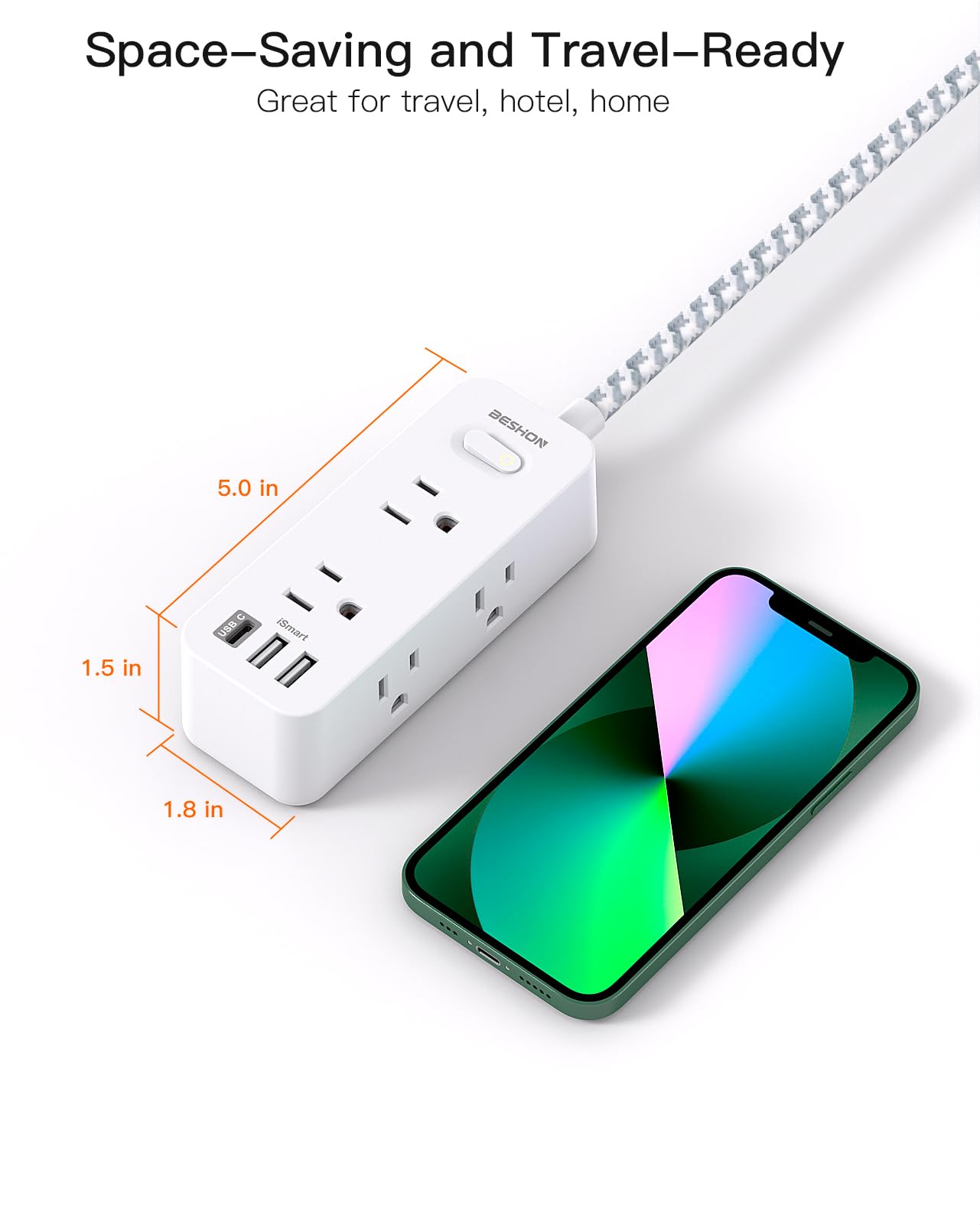 Power Strip Surge Protector, BESHON 5Ft Extension Cord, 6 Outlets with 4 USB Ports (2 USB C Outlet), 3-Side Outlet Extender, Wall Mount, Compact for Travel, Home, School, College Dorm Room and Office