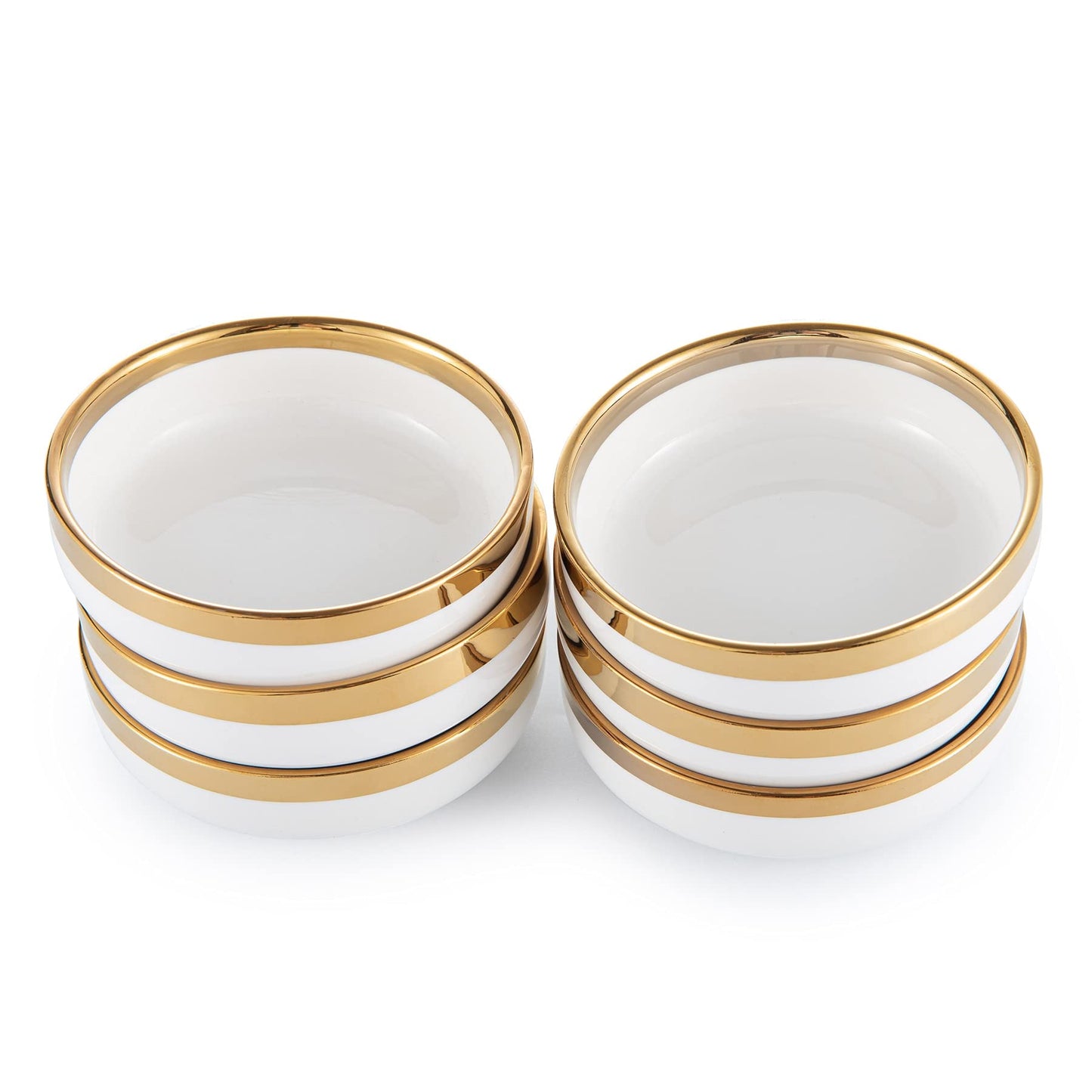 KeyChefLAB 3.4-Inch Porcelain Ceramic Dipping Bowls Set of 6 - White Sauce Dishes with Gold Trim for Soy Sauce, Sushi, Olive Oil, Condiment, Salsa & Dips | Dishwasher Safe Ramekins