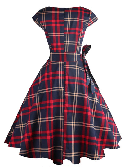 PUKAVT Women's 1950 Boatneck Cap Sleeve Vintage Swing Cocktail Party Dress with Pockets Red Plaid L