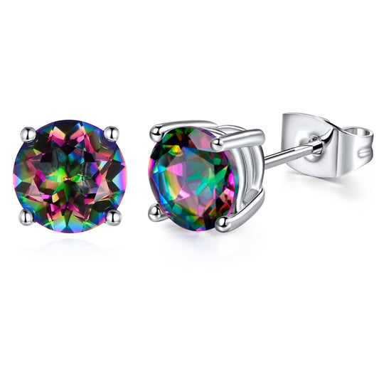 VOLUKA 18K White Gold Plated Rainbow Quartz Stud Earrings,Hypoallergenic Round Square CZ Earrings for Women Men,Daily Wear Party Wedding Jewelry Gift