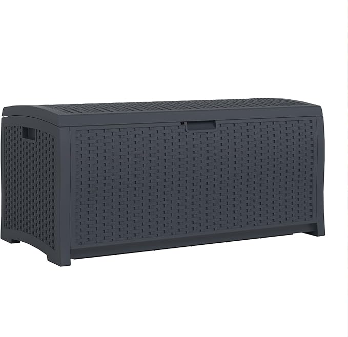 Suncast Outdoor Storage Box - 73 Gallon Cyberspace Resin Wicker Deck Box with Lockable Lid, Outdoor Storage Bin for Patio Cushions, Shoes, Pool & Garden Gear, Made in USA