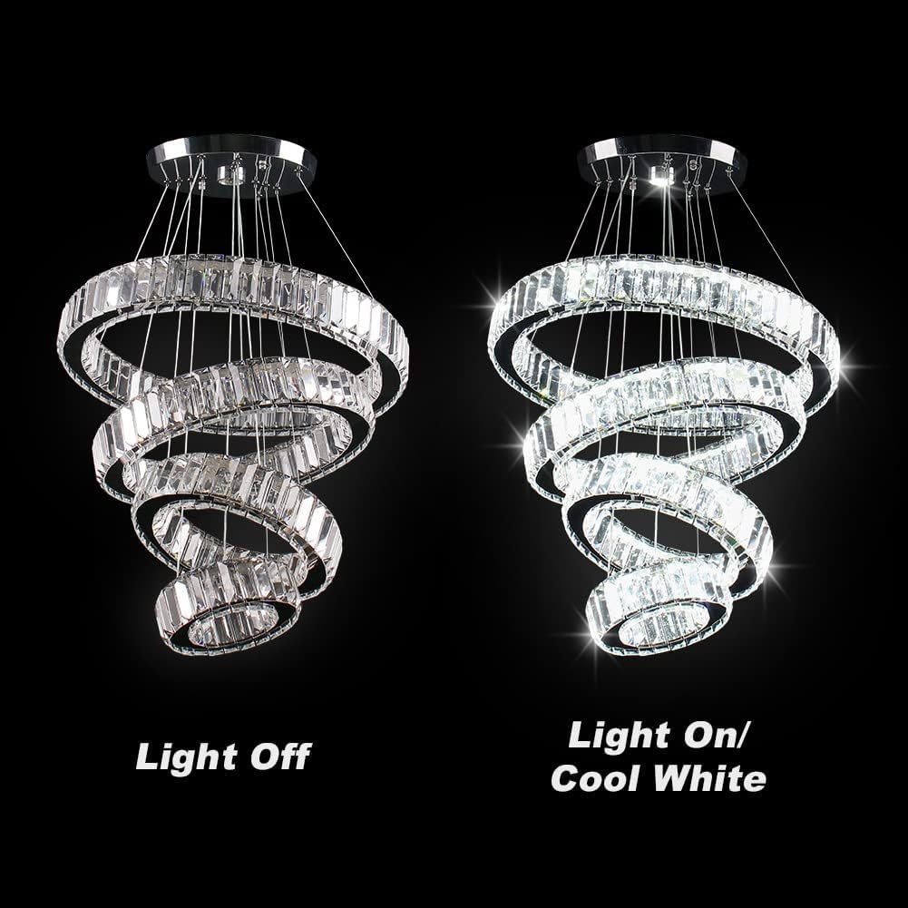 CLAIRDAI Modern 4 Ring Crystal Chandelier, LED Pendant Light Fixture, Cool White K9 Crystal Ceiling Light for Dining Room, Living Room, Bedroom