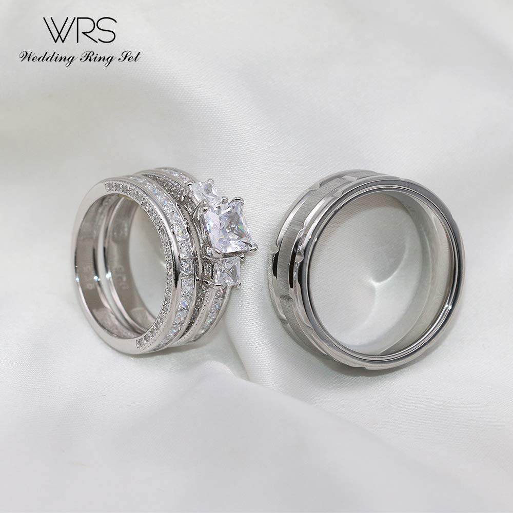 His Hers Wedding Ring Sets Couples Matching Rings Women's 10k White Gold Filled Heart CZ Wedding Engagement Ring Bridal Sets & Men's Tungsten Carbide Wedding Band