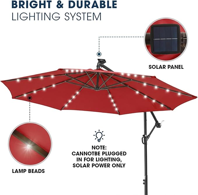 wikiwiki 10ft Solar LED Patio Umbrella with Base Included, Offset Umbrella with Weighted Sandbag Base, Cantilever Patio Umbrellas for Backyard, Garden & Deck, 32 LED Lights & Polyester Shade, Red