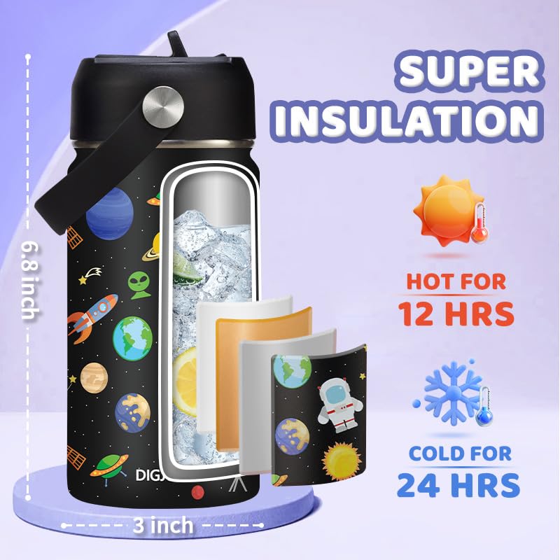 12 oz Kids Insulated Water-Bottle w/Straw - Cold-24h Hot-12h, Toddler Water Bottle Spill-proof & BPA-free, Stainless Steel Water Bottles Kids, Space Insulated Cup for School Camping Boys Girls Gift