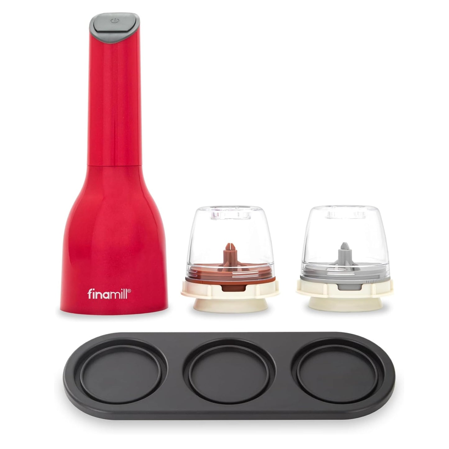 FinaMill Classic Battery-Operated Spice Mill Bundle with Black Trio Stackable Tray – One-Handed Grinder with Interchangeable Pods with Adjustable Coarseness - Valentines Day Gifts for Food Lovers