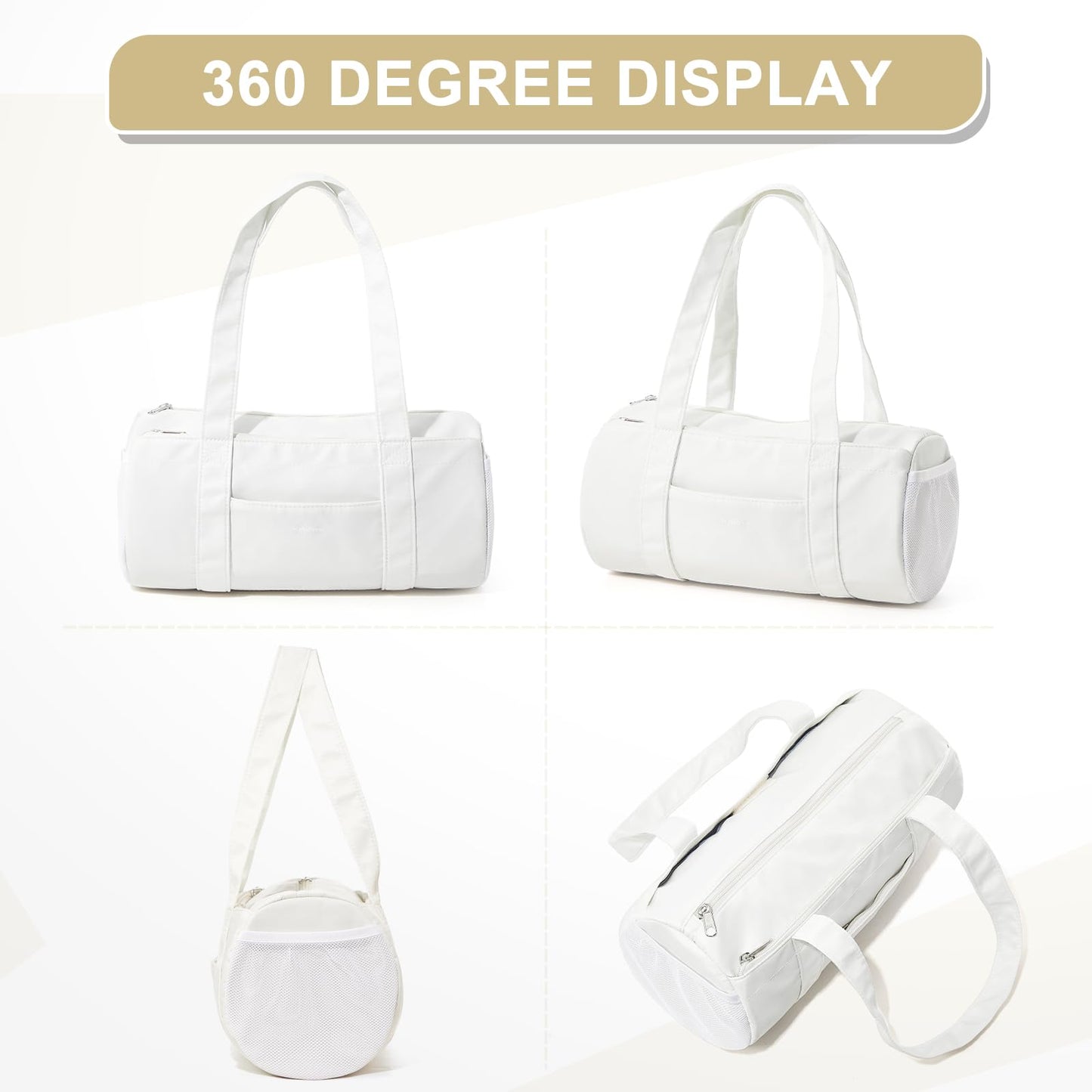 Small Gym Bag 13.78"x6.7"x6.7" Carry On Duffel Bag, Mini Personal Item Bag Lightweight Tote Weekender Overnight Bags for Women and Men Sports, Traveling, Swimming, Yoga (Cream Color)