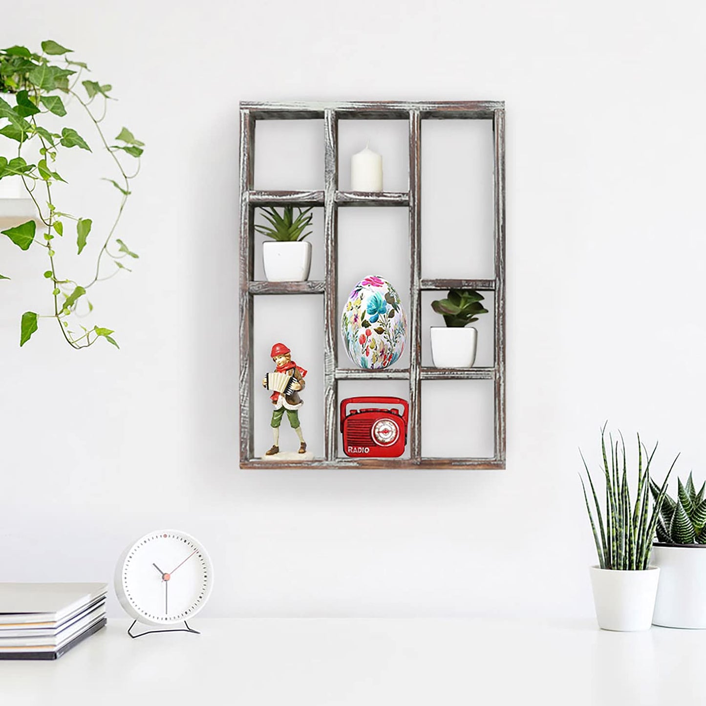 MyGift 9 Compartment Rustic Torched Solid Wood Shadow Box, Wall Mountable Curio Display Case, Freestanding or Floating Shelf for Collectible Figurines, Succulents