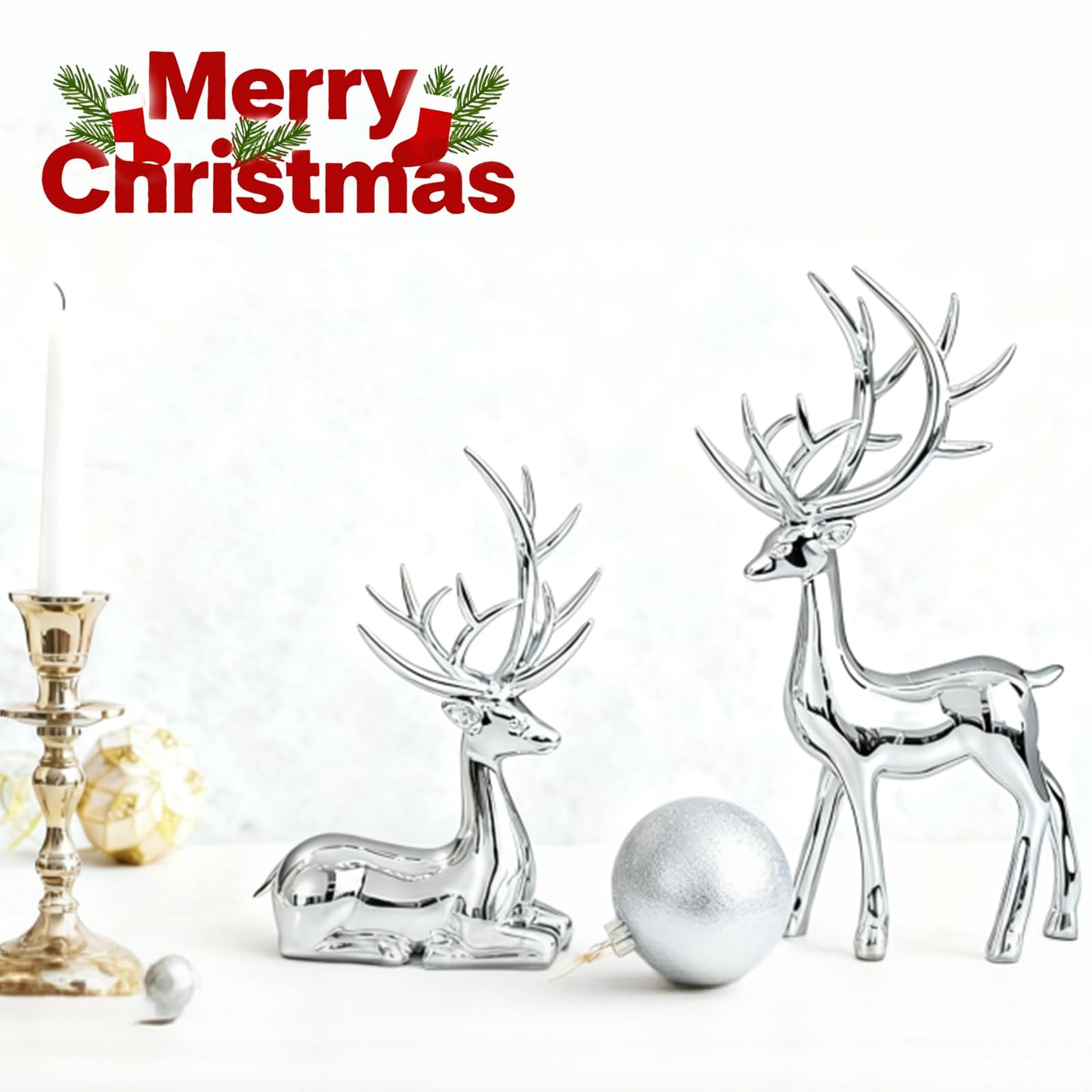 2PCS Silver Christmas Reindeer Figurines, Resin Elk Sculpture Statues, Standing Sitting Reindeer Statues, Xmas Ornaments for Home Living Room Office TV Cabinet, Ideal Christmas/New Year Seasonal Gift