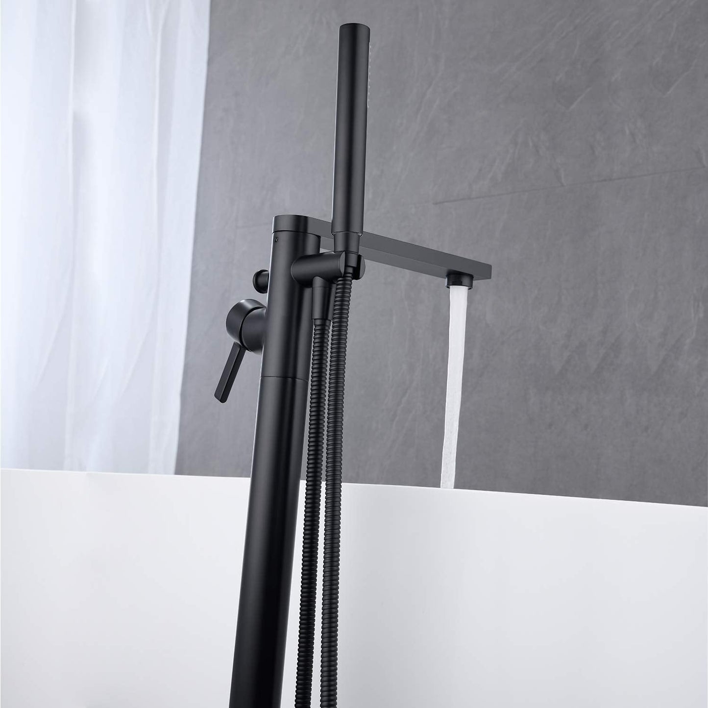 Wowkk Freestanding Bathtub Faucet Tub Filler Black Floor Mount Brass Single Handle Bathroom Faucets with Hand Shower