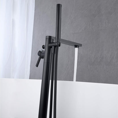 Wowkk Freestanding Bathtub Faucet Tub Filler Black Floor Mount Brass Single Handle Bathroom Faucets with Hand Shower