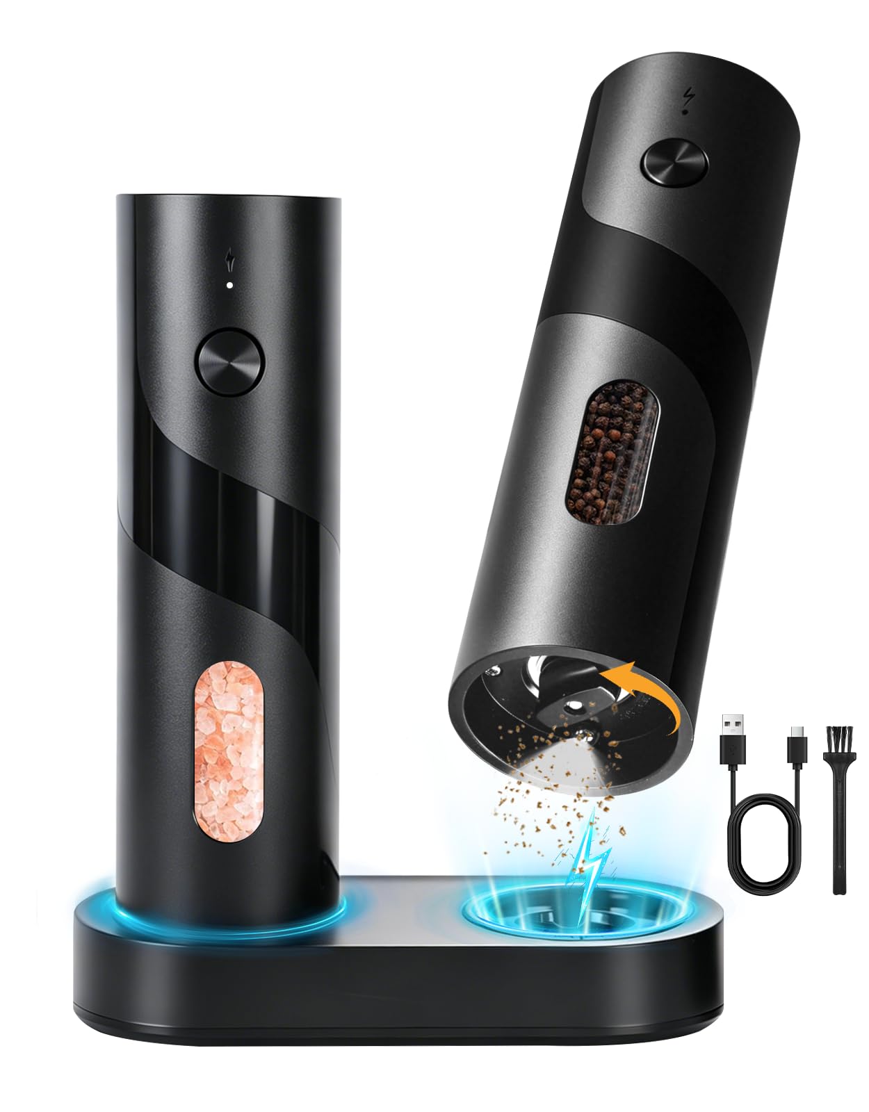 OUTONLIFE Electric Rechargeable Salt and Pepper Grinder Set, 110ml Large Capacity, USB-C with Charging Base, LED Light, Automatic Pepper Mills with Adjustable Coarseness, Ideal Gift for Kitchen, Home