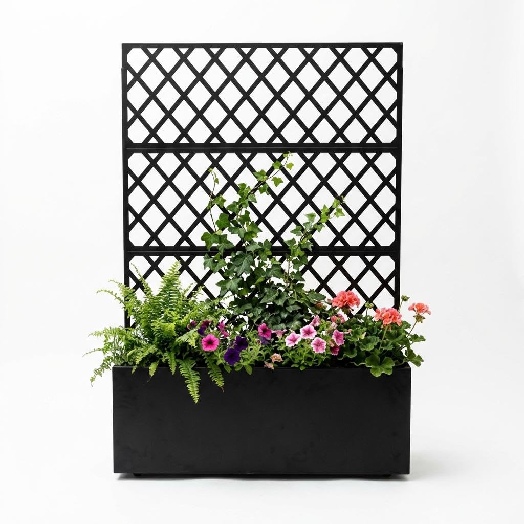 MERXENG Galvanized Steel Raised Garden Bed with Trellis, 71"X35"X16" 3-in-1 Planter Box w/Lockable Wheels & Drainage Holes, Privacy Screen for Patio, Deck, Yard