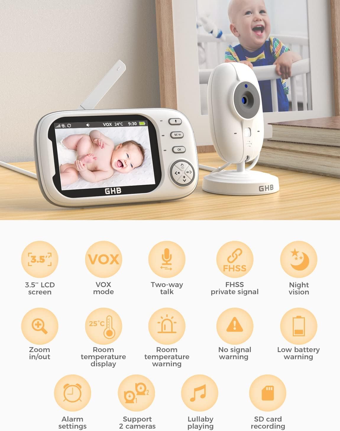 GHB Baby Monitor with Camera and Night Vision, 3.5-inch Video Monitor, VOX Mode, 2-Way Talk, 8 Lullabies, Temperature Alert, Feeding Reminder
