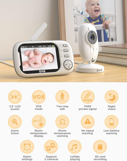 GHB Baby Monitor with Camera and Night Vision, 3.5-inch Video Monitor, VOX Mode, 2-Way Talk, 8 Lullabies, Temperature Alert, Feeding Reminder