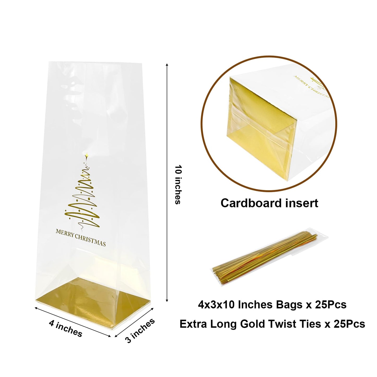 EKAPACKAGING 25 Pcs 4x3x10 Inch Gusseted Cellophane Bags Flat Bottom, Christmas Cookie Bags with Ties, Clear Cello Treat Bags for Smores, Party Favors, and Gifts