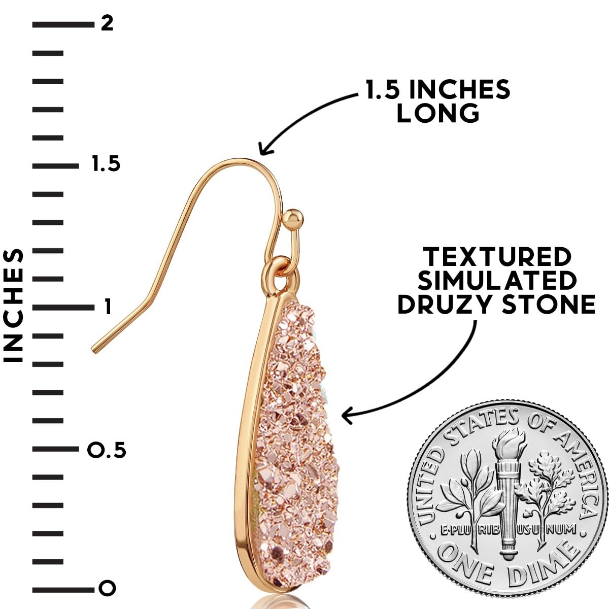 Simulated Druzy Drop Dangles - Gold Tone Sparkly Long Teardrop Dangly Earrings for Women, Pink Rose Gold Tone