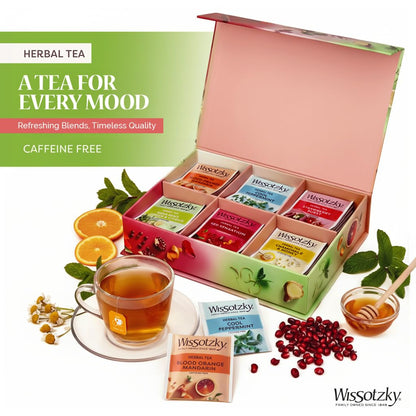 Wissotzky Herbal Tea Variety Pack Sampler (42 Tea Bags) in a Premium Reusable Gift Box | Mothers Day Gift | Caffeine-Free | 6 Exciting Flavors | Individually Wrapped Tea Bags | Ideal Present for Holiday & Corporate Gifting | Magnetic Closure Box | Kosher
