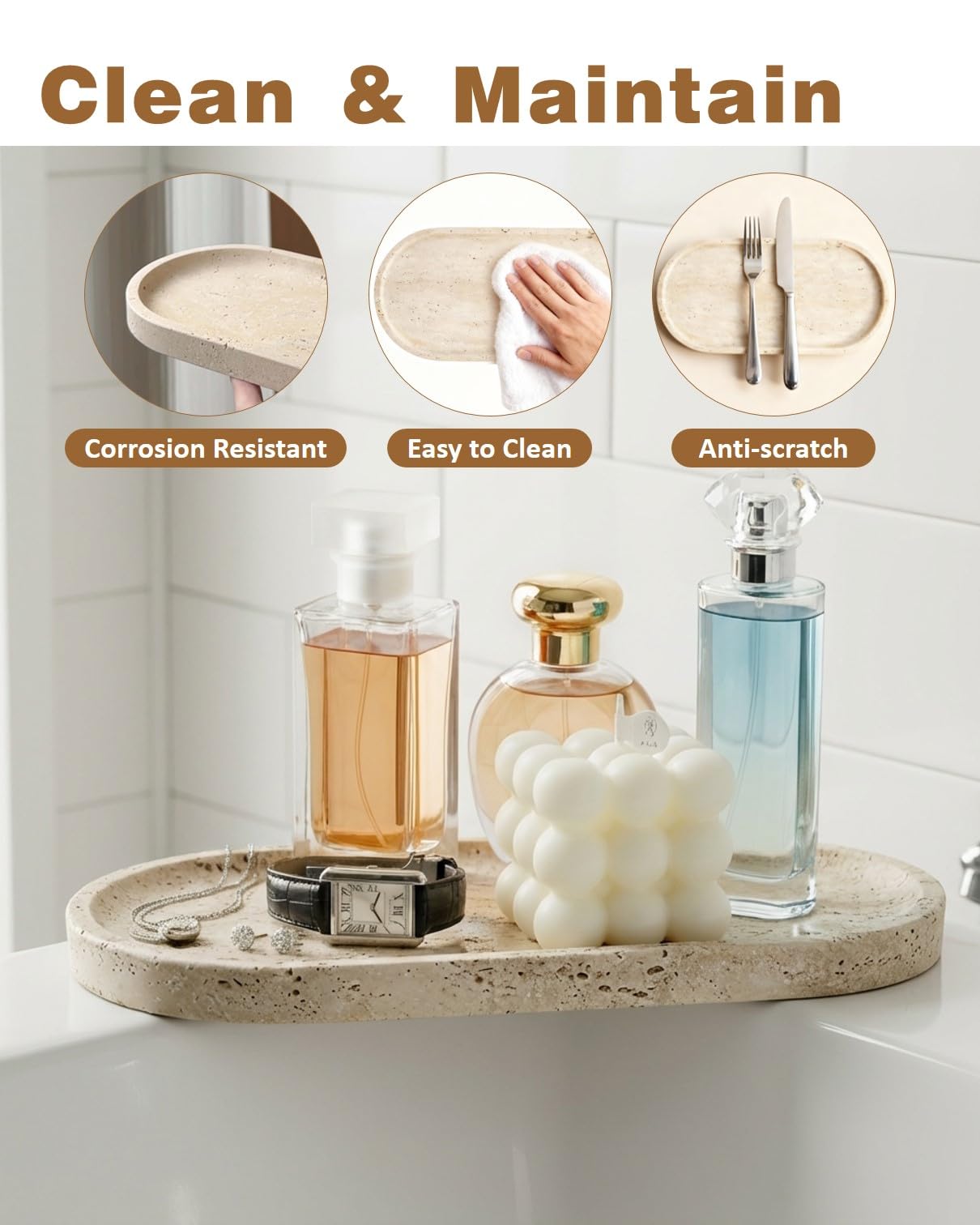 100% Natural Travertine Stone Tray for Perfume, Jewelry, Candle & Trinket Holder – Light Beige Stone Vanity Organizer for Bathroom, Coffee Table, or Living Room, 10"x5", Non-Resin/Ceramic