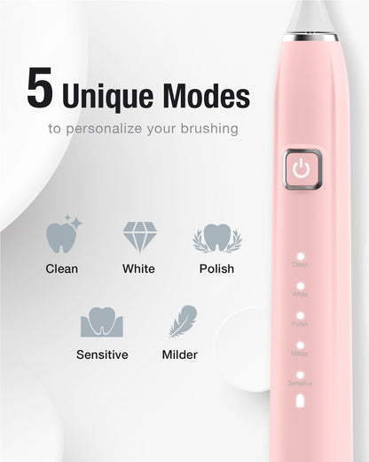 7AM2M Sonic Electric Toothbrush with 6 Brush Heads for Adults&Kids, One Charge for 120 Days, Wireless Fast Charge, 5 Modes, 40000VPM Powered Toothbrush, 2 Minutes Built in Smart Timer (Black)