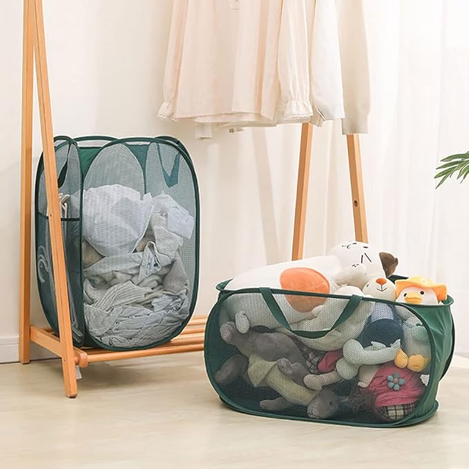 4Pcs Beige Canvas Laundry Hamper, Foldable Pop-up Mesh Basket, Large Capacity