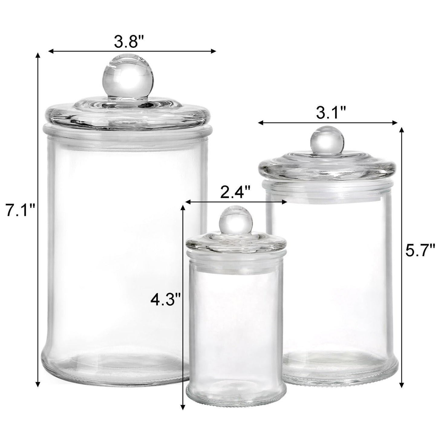 Suwimut Set of 3 Glass Apothecary Jars with Lids, Bathroom Canisters Storage Container Jars, Decorative Small Glass Apothecary Jar for Cotton Swabs, Cotton Balls, Makeup Sponges, Bath Salts
