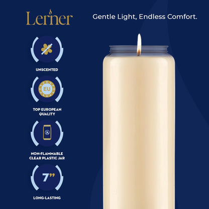 Lerner 9-Day Memorial Candles, 5 Pack, 7” Pillar Prayer Candle in Plastic Jar, Long-Lasting Smokeless Clean Burning Mourning & Shiva Candle for Vigils, Church, Synagogue, Jewish Yahrzeit Candles