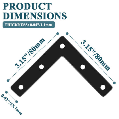 Rierdge 12 Pcs 3.15" x 0.62" L-Shape Corner Brace Brackets, 90°Angle Flat Mending Repair Plates Corner Brackets with Screws, Black