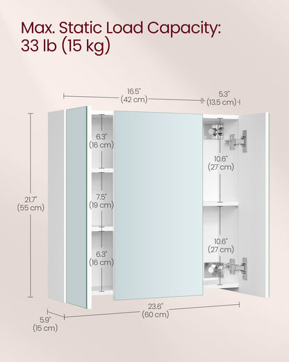VASAGLE BBK22WT Bathroom Wall Cabinet with Mirror, 3 Door Storage Unit, 60 x 15 x 55 cm, with Adjustable Shelf, Modern, White BBK22WT
