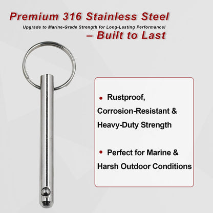 2 Pack 5/16'' Diameter Quick Release Pins, Usable Length: 2-1/4'', Overall Length: 3'', for Bimini top, Boat, Deck Hinge, 316 Stainless Steel, Marine Hardware