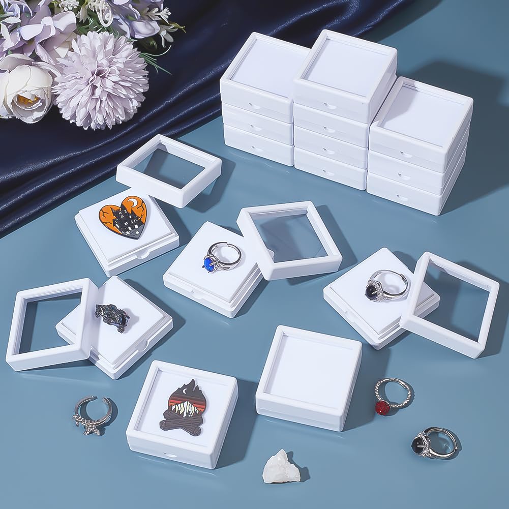 BENECREAT 24Pcs White Gemstone Display Box, 2x2x0.8Inch Jewelry Box Container with Clear Top Lids for Gems, Festival Wedding Jewelry Packaging