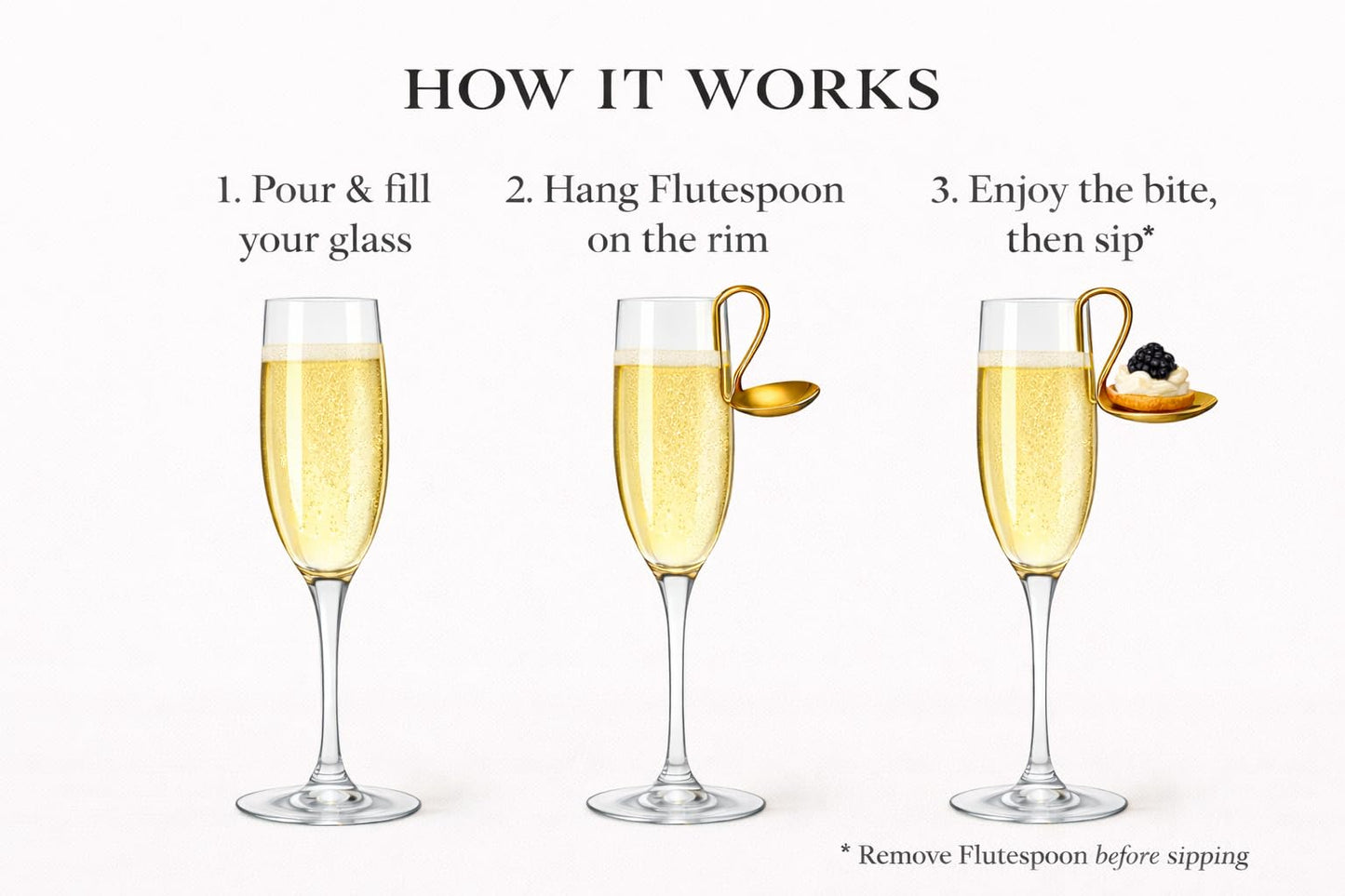 FluteSpoon™ Gold Appetizer Spoon for Champagne, Wine & Cocktails – Rim-Hanging Stainless Steel Serving Spoon – Set of 2