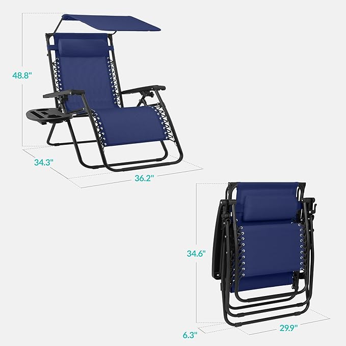 Best Choice Products 30” Wide Folding Zero Gravity Outdoor Recliner Patio Lounge Chair w/Adjustable Canopy Shade, Headrest, Side Accessory Tray - Navy Blue