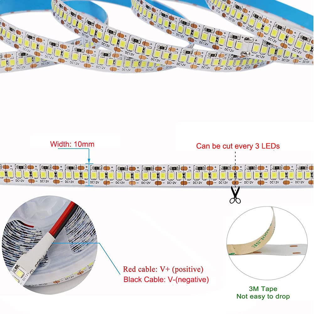 SUYOOULIN LED Strip Lights, SMD 2835 LED Strip, DC12V 1200LEDs 16.4Ft 26000LM High Density LED Light Strips Waterproof IP65, 3 Times Brightness Than SMD3528 LED Strip, Cool White 6500K