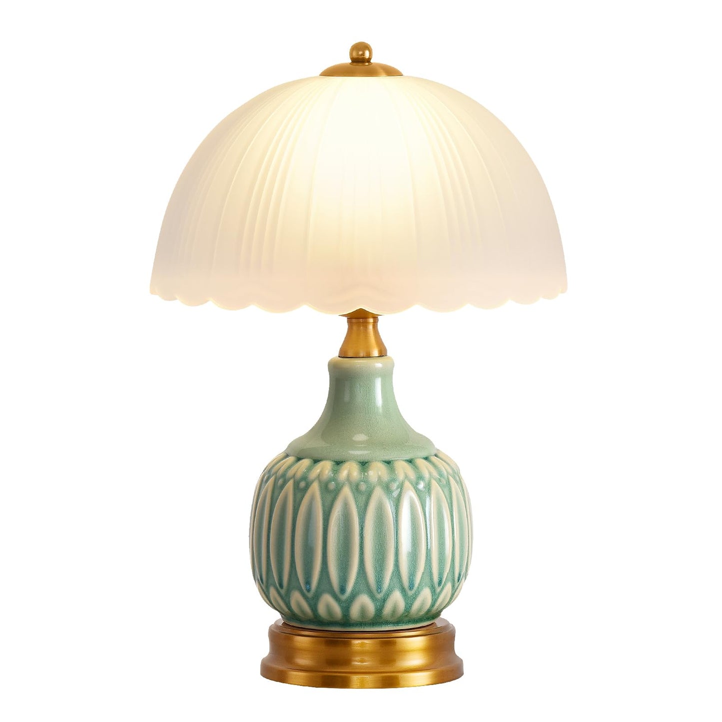 WELAISA Table Lamps Ceramic Retro Lamp for Living Room,15.7" Modern Bedside Nightstand Traditional Lamps, Classic Chinoiserie Green Glass Lamp for Home (Retro)