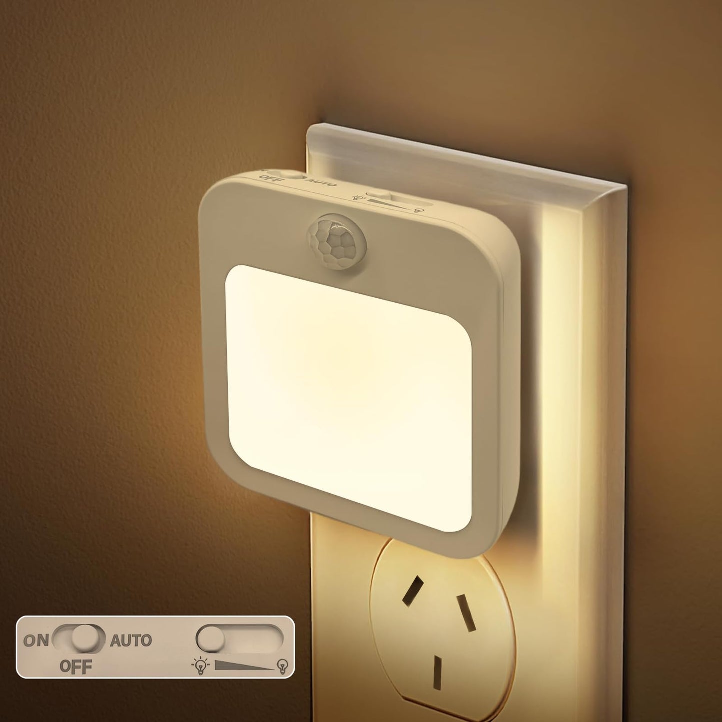Dimmable Night Light Plug-in, Motion Sensor Plug in to Wall Night Light 3000K 2 Pack with On Off Auto Switch Adjustable Brightness for Hallway Bedroom Kids Room