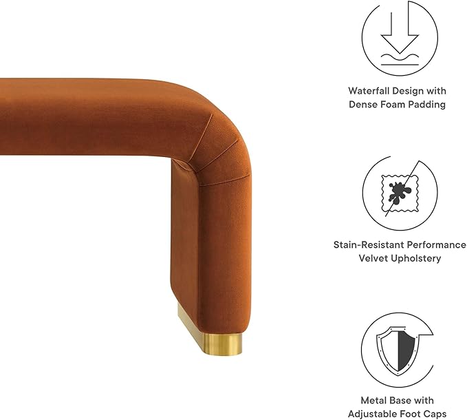Modway EEI-6734-BRA-RUS Koda Performance Velvet Waterfall Long Bench, Brass Rust