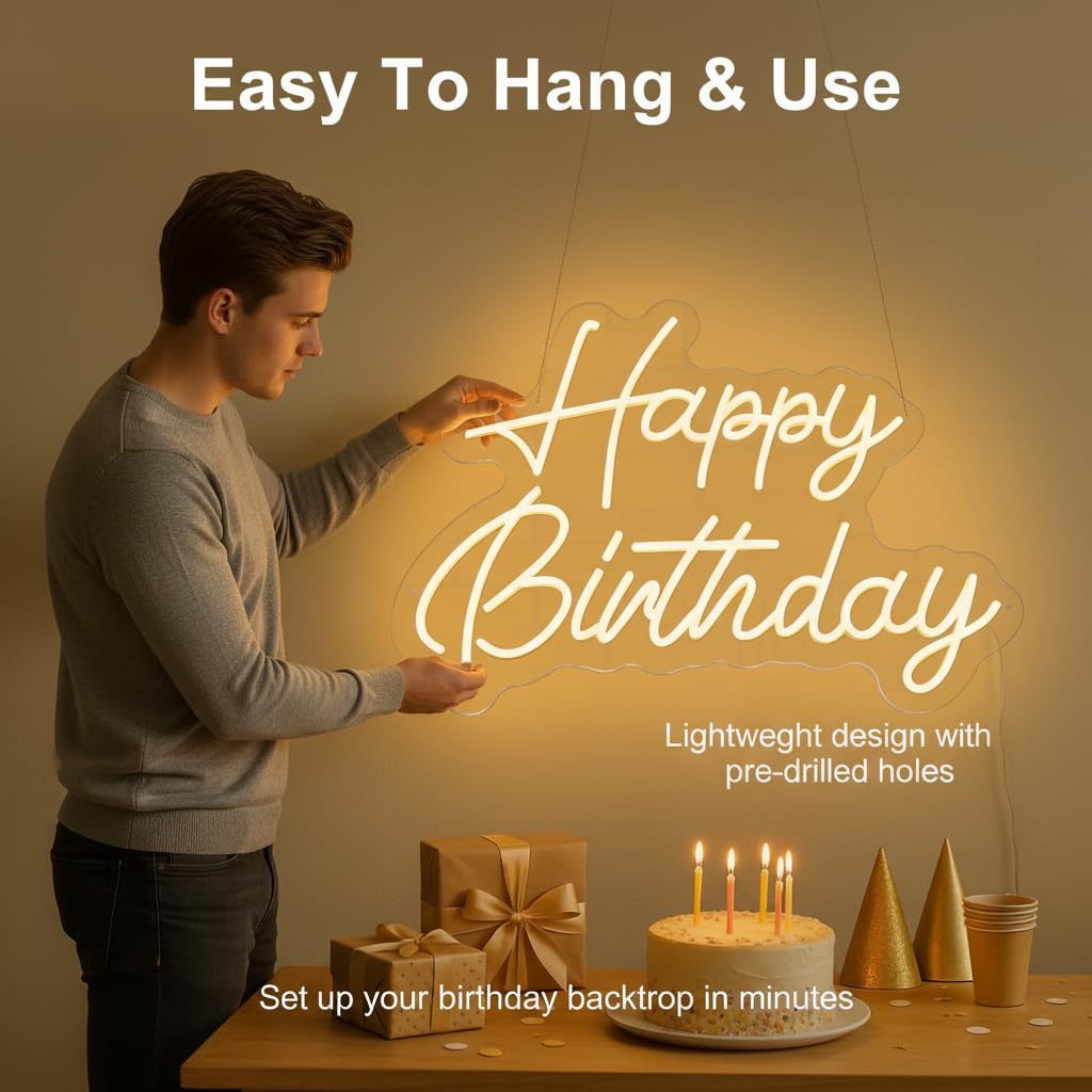 Happy Birthday Neon Sign, 22×16.9 Inch Large Warm White Dimmable LED Light Up Sign, Neon Happy Birthday Banner Backdrop for Party Wall Decor
