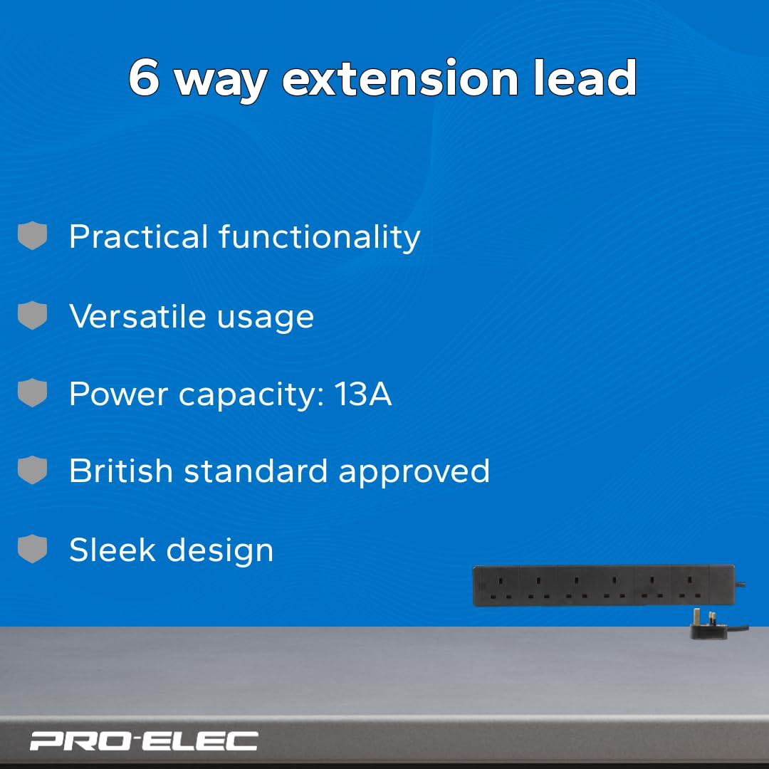PRO ELEC pl11242 13 A 1 m 6 Way Gang Power Mains Extension Lead Cable - Black